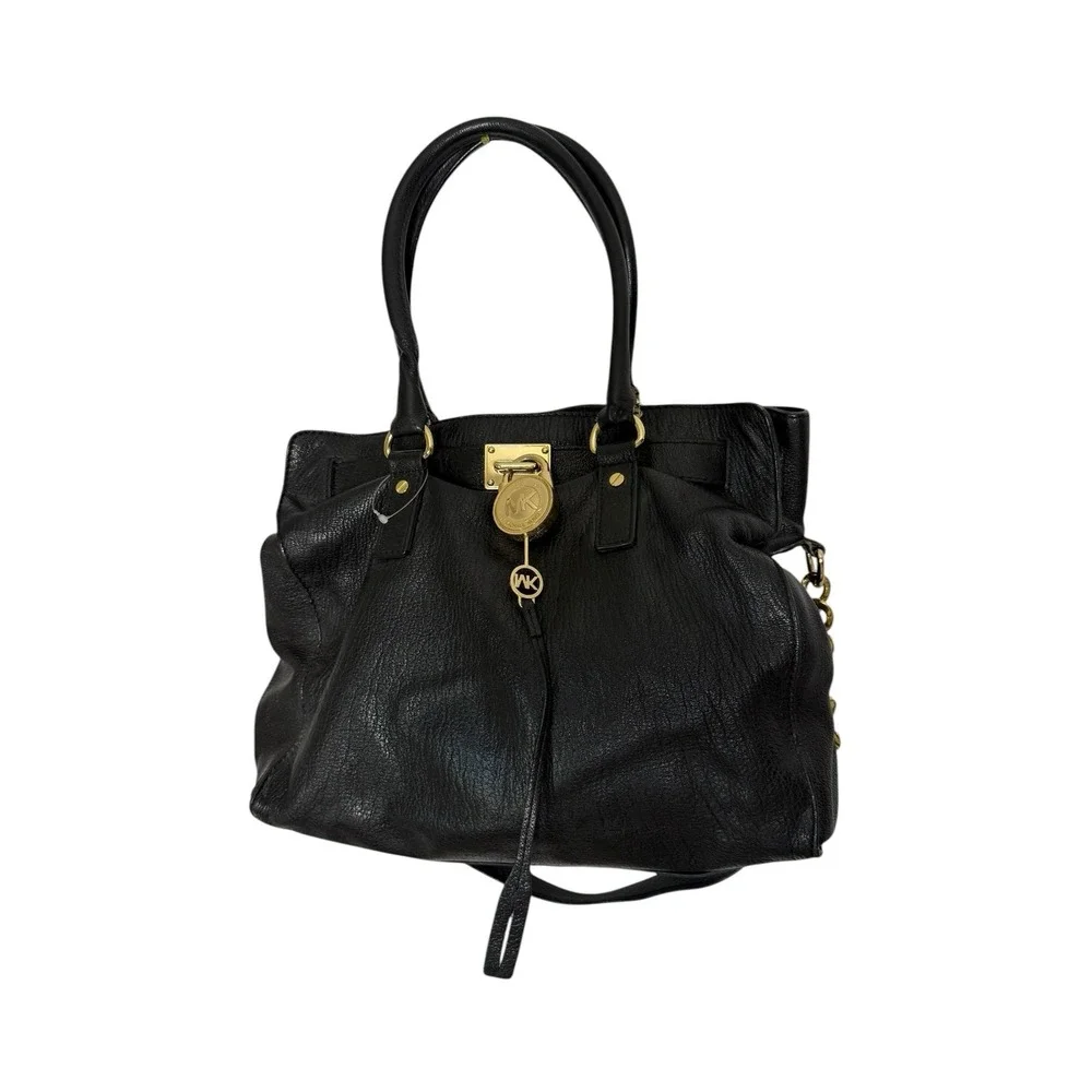 Michael Kors Satchel Bag Womens Black Leather Gold Chain Shoulder Purse Large MK